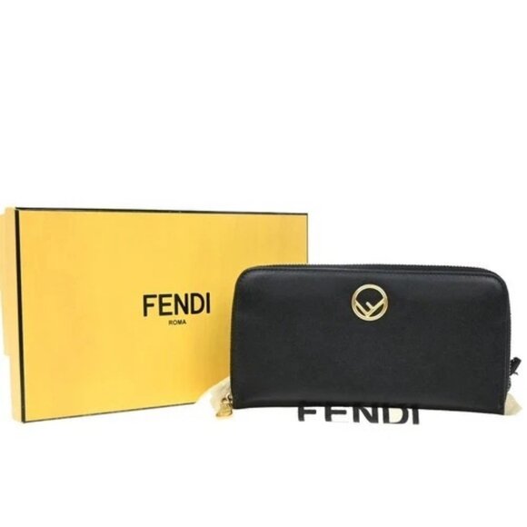 FENDI Logo F is Fendi Zipper Long Around Wallet Leather Black Italy 61KP191